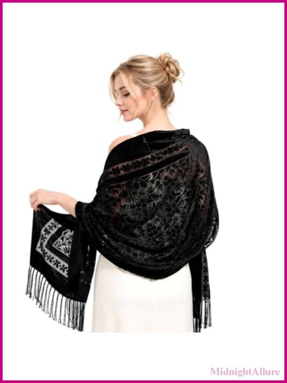 Lace Shawl with Fringe Sheer Floral Mesh Wrap Evening Dress Scarf